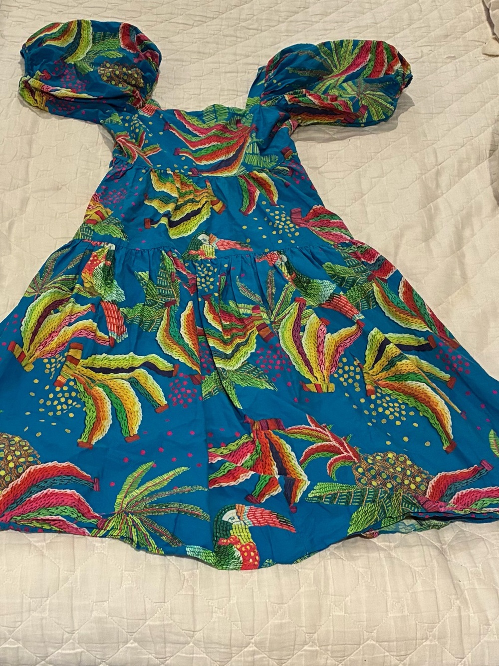 FARM Rio Teal Blue Tropical Print Midi Dress with Multicolor Leaves